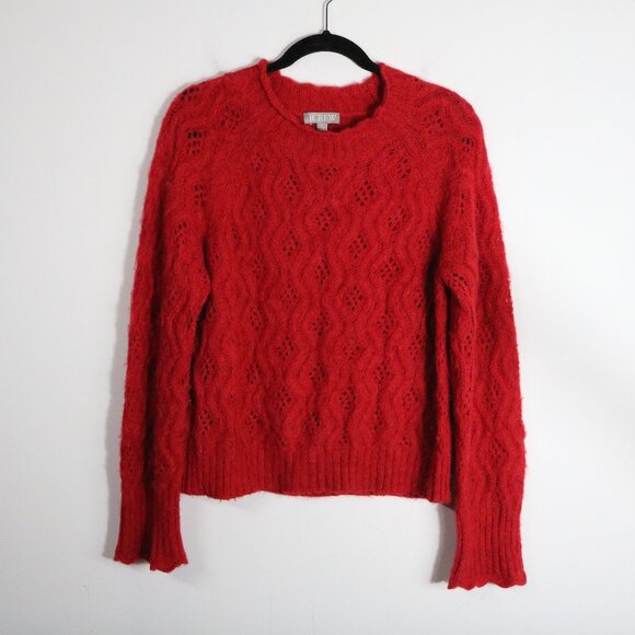 J Crew Pointelle Scallop Trim Sweater Womens Medium Red Crew Neck Wool Alpaca - Picture 1 of 7